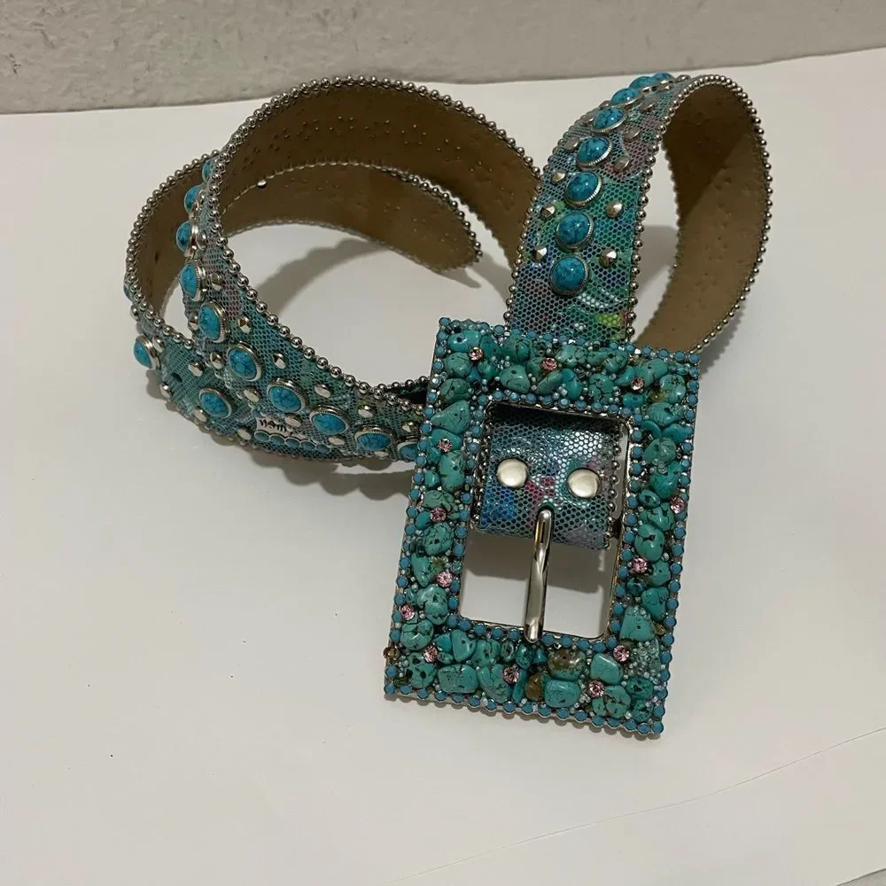 b.b. Simon Swarovski Rhinestone Embellished Blue Leather Belt With Studs L